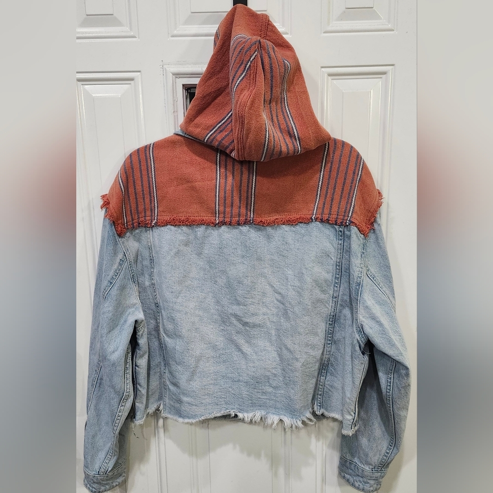 Free People Baja Mixed-Media Hooded Light Wash Denim Jacket Women's Size Small - Picture 6 of 8
